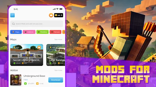 Maps category in Mods & Addons for Minecraft PE showing map addons, skins, and mods with browse and download options
