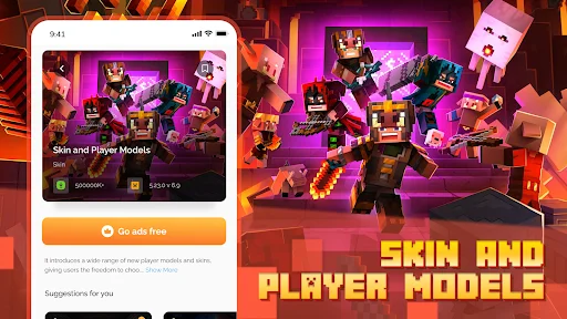 Skin and Player Models section displaying Minecraft PE character skins with Download button and addon suggestions for users