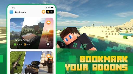 Bookmark feature for saving Minecraft PE shader addons and texture packs in the Mods & Addons app library