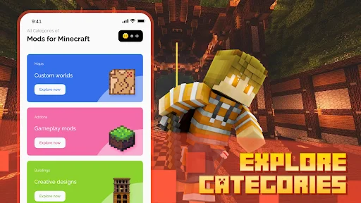 Mods for Minecraft category explorer showing custom worlds, gameplay mods, and creative designs with browse options