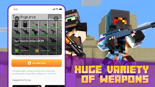 Techauns weapon mod details page with gun addon collection grid and download button for Minecraft PE modification