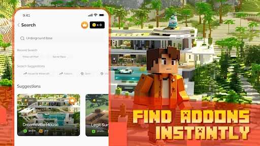 Search functionality in Mods & Addons app displaying recent searches and instant addon suggestions for users