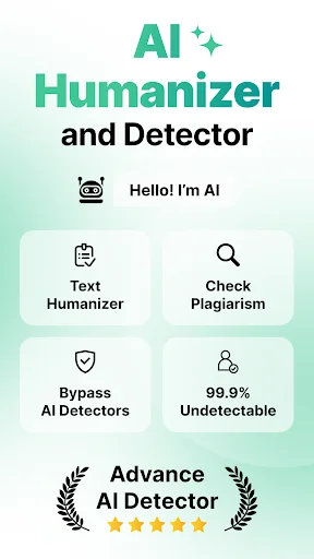 AI Humanizer app home screen dashboard featuring Text Humanizer, Plagiarism Check, Bypass AI Detectors, and 99.9% Undetectable features