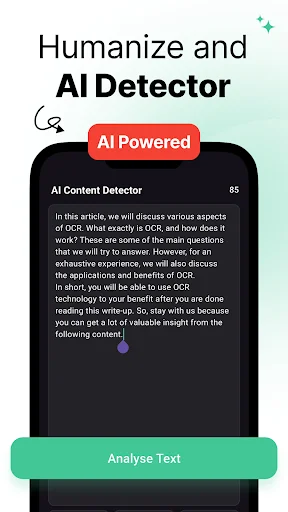 AI Content Detector interface displaying article text analysis with confidence detection score and Analyse Text button