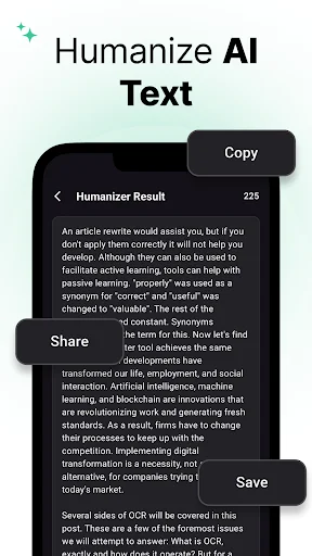 Humanized text result displaying rewritten content with word count and Copy, Share, Save action buttons for productivity