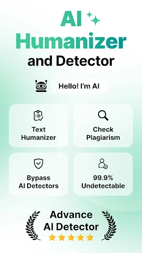 AI Humanizer and Detector home screen displaying Text Humanizer, Check Plagiarism, Bypass Detectors, and Undetectable features
