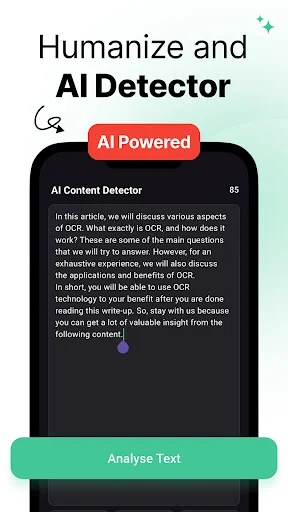 AI Content Detector interface analyzing text with 85% AI score and green Analyse Text button for content detection