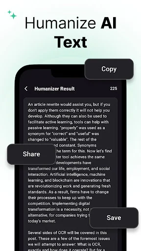 Humanized text result page displaying rewritten content with Copy, Share, and Save action buttons for productivity