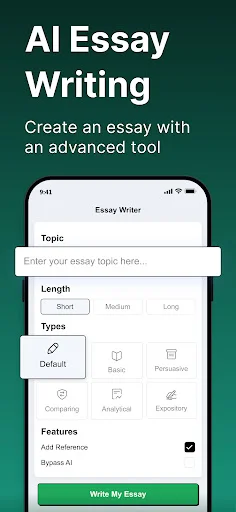 AI Essay Writer main interface showing essay topic input, length customization options, essay type selection, and Write My Essay button for productivity