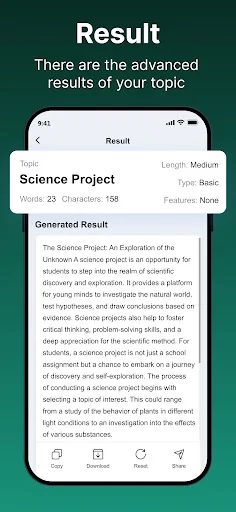 AI-generated essay results screen displaying completed science project essay with word count, character count, and essay configuration details