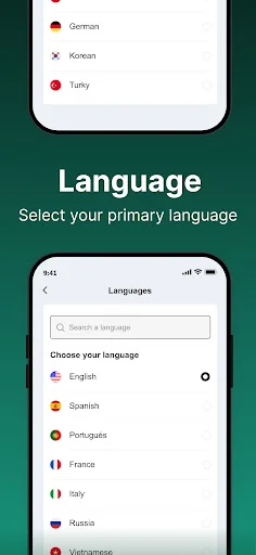 Language selection screen listing multiple language options including English, Spanish, Portuguese, French, Italian, Russian, and Vietnamese