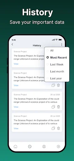 Essay history screen with dropdown filters for All, Most Recent, Last Week, Last Month, and Last Year with view, copy, and delete options