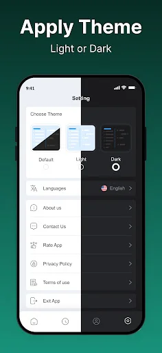App settings screen displaying light and dark theme preview options with language selector and menu items for language, about, contact, and privacy