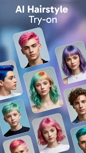 AI hairstyle try-on app displaying diverse hair color and style transformations for men and women
