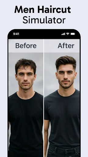 Men's haircut simulator showing before and after transformation of a male hairstyle with AI preview