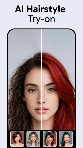 AI hairstyle color try-on with split-screen preview showing red hair transformation and style options