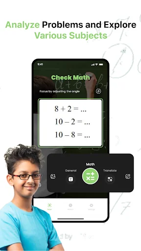 Math problem solver app interface showing addition and subtraction problems with General, Math, and Translate subject selection buttons