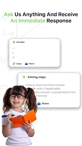 Math tutoring app displaying instant answers with Copy and Share options and detailed solving steps for homework problems