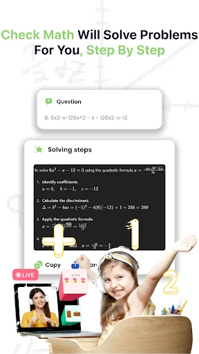 Step-by-step math equation solver showing detailed mathematical working with live tutoring support for accurate problem solutions