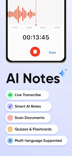 AI Notes app recording screen with waveform timer and feature options for transcription, scanning, quizzes, and language support