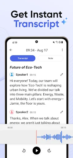 Meeting transcript with speakers, timestamps, AI-transcribed text about Eco-Tech, audio waveform, and playback controls