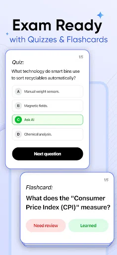 Quiz and flashcard study interface with multiple choice questions and progress tracking for exam preparation and learning