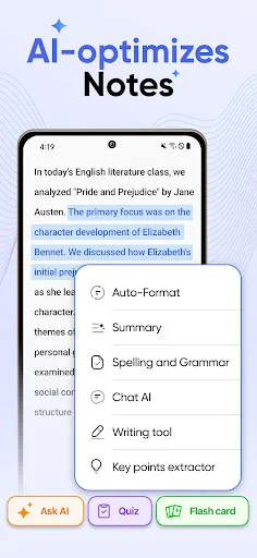 AI note optimization with Auto-Format, Summary, Spelling and Grammar, Chat AI, Writing tool, and Key points extractor options