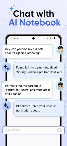 AI Notebook chat interface for conversational search and retrieval of lecture notes with intelligent question answering