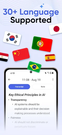 Multilingual transcription supporting 30+ languages with international flag icons for global lecture and meeting recording