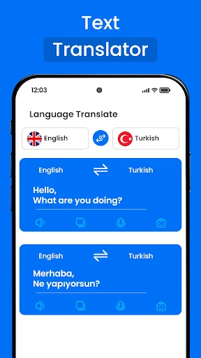 AI Translate All Languages text translator showing English to Turkish translation with Hello greeting and language selection