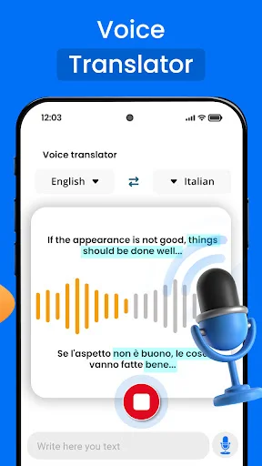 Voice translator interface with English to Italian audio translation, sound waves, microphone icon and translation controls