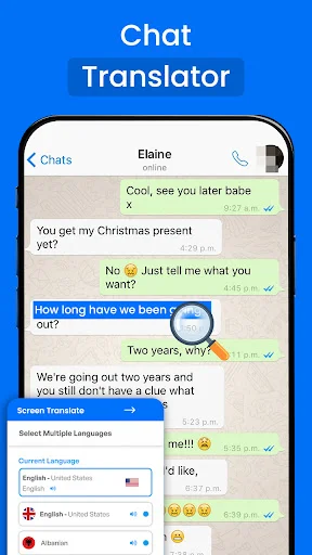 Chat translator showing WhatsApp conversation with real-time message translation from English to multiple languages