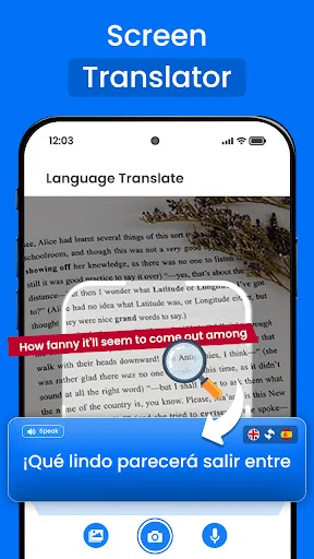 Screen translator overlay translating English text to Spanish with magnifying glass and language detection features