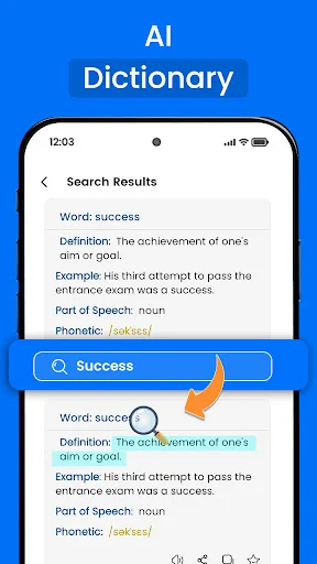 AI Dictionary search results showing word definitions, pronunciation guides and translation examples for success