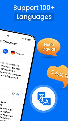 Support 100+ languages feature showcase with Hello David greeting in multiple languages and translator app icon