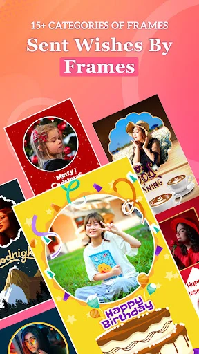 All Day Greetings app showing birthday photo frames with 15+ categories to personalize greeting cards