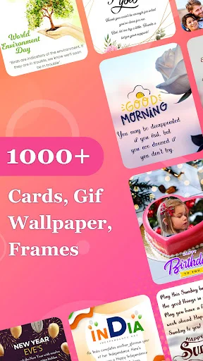 All Day Greetings gallery showing 1000+ cards, GIFs, wallpapers and frames for birthdays and festivals