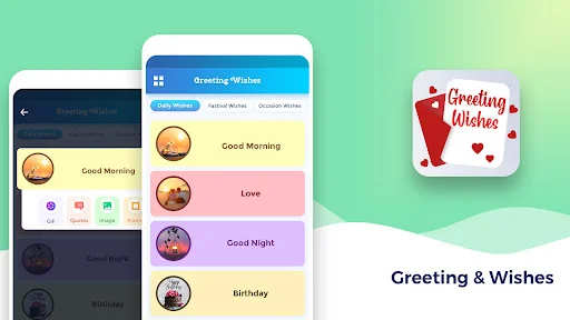 Greeting & Wishes app displaying greeting card categories: Good Morning, Love, Good Night, Birthday cards on colored tiles