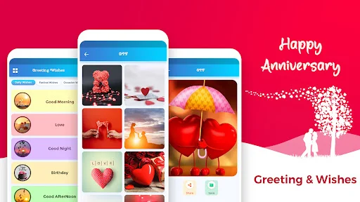 Happy Anniversary greeting cards app interface with romantic message templates and love-themed images displayed