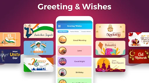 Greeting & Wishes app featuring festival and celebration cards including Diwali, Holi, Eid, Independence Day and more