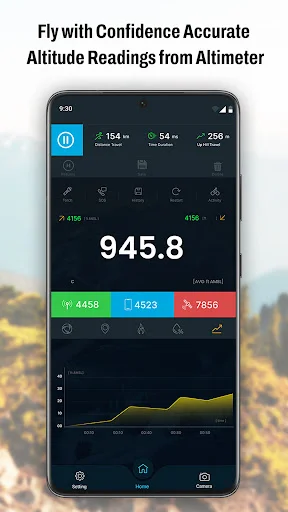 Altimeter GPS app displaying altitude 945.8 meters with GPS coordinates, elevation graph, and measurement tools interface