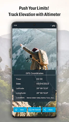 Hiker using Altimeter GPS to track elevation with GPS coordinates display showing latitude, longitude, and location data