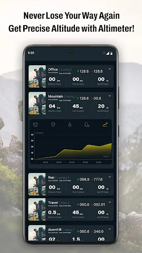 Altimeter GPS altitude tracking list showing multiple location measurements with precise elevation readings and coordinates