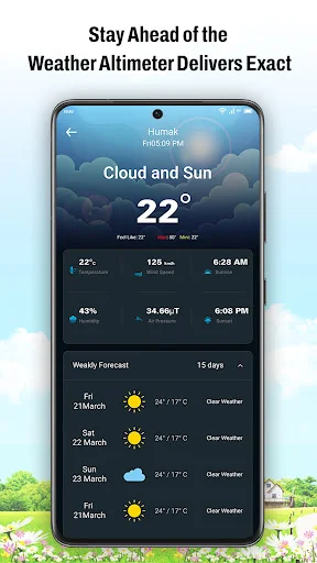 Weather forecast screen in Altimeter GPS showing 22°C temperature, humidity, and 5-day weather outlook with cloud conditions