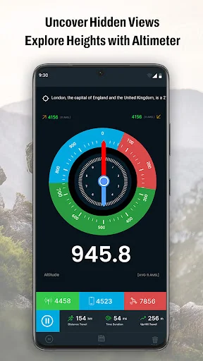 Altimeter GPS compass view displaying 945.8m altitude with colorful directional compass and precise GPS measurement tools