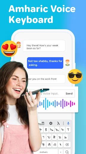 Amharic Voice Keyboard screenshot showing woman using voice input with Amharic keyboard layout and chat messages