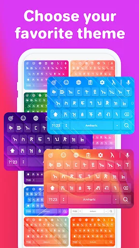 Choose favorite theme screen displaying multiple colorful Amharic keyboard theme options with gradient backgrounds