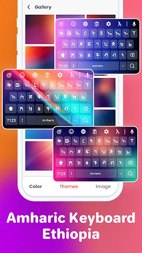 Amharic Keyboard Ethiopia themes gallery displaying gradient and color customization options for keyboard layouts