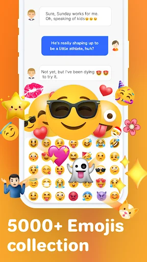 Emoji collection screen showing 5000+ emojis with chat conversation and diverse emoji selection grid interface