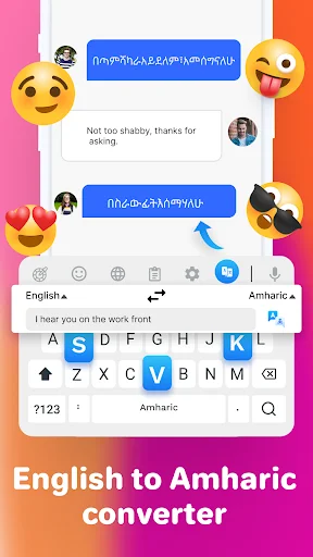 English to Amharic converter feature showing bilingual keyboard switching with chat interface and translation